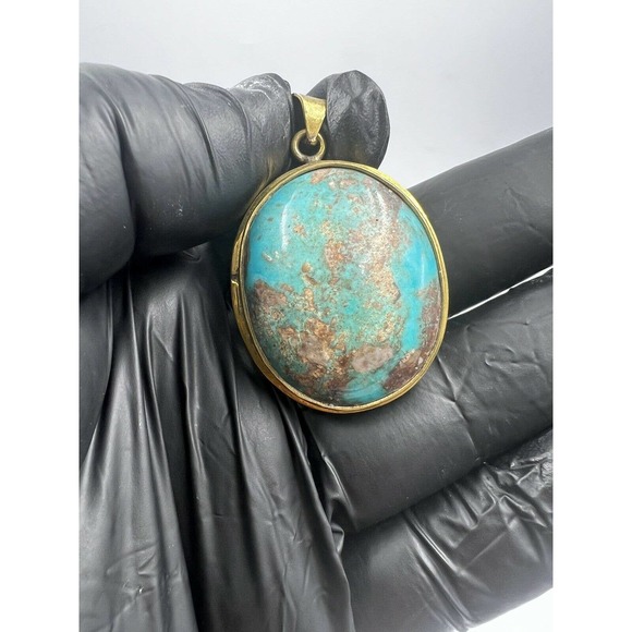 Natural Turquoise Pendant Metal Brass Handmade With Rope - Picture 4 of 11